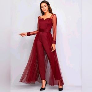 Burgundy Jumpsuit with sheer skirt